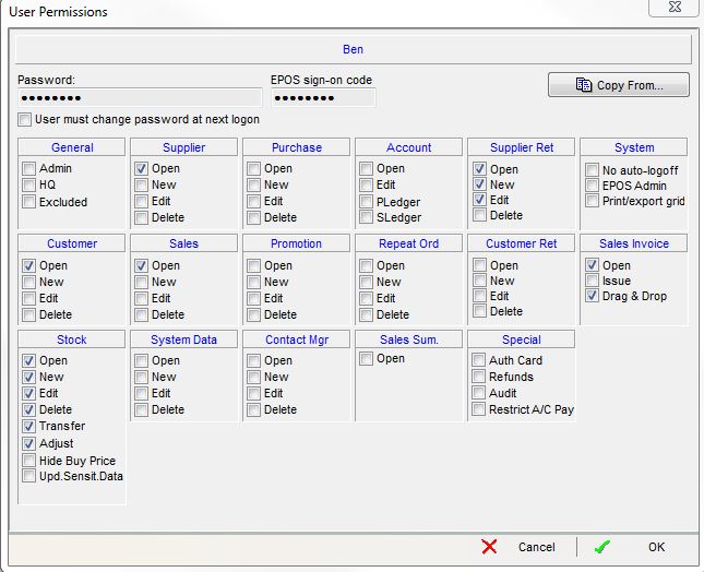 screenshot of typical settings that might be used for a Warehouse Manager User