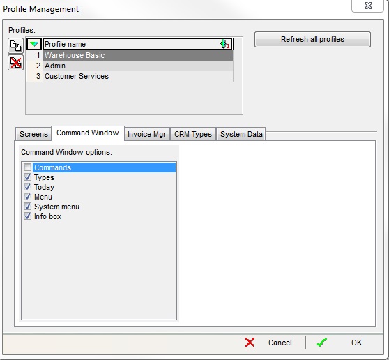 screenshots of typical settings that might be used for a Basic Warehouse User
