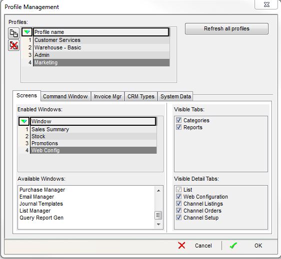 screenshot of typical settings that might be used for a Marketing User
