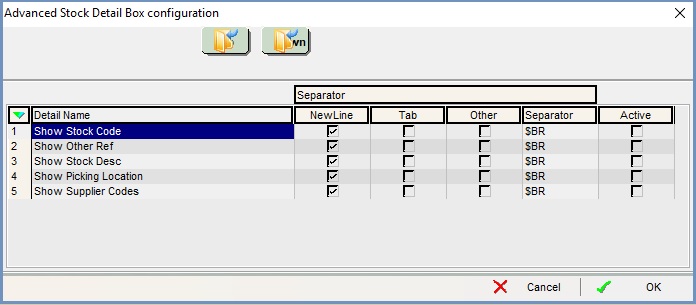 The "Advanced Stock Detail Box configuration" dialog is accessed from the "Edit Label Setup" screen, accessed via the "System Operations" dialog