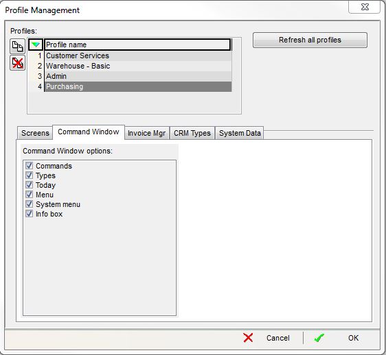 screenshots of typical settings that might be used for a Purchasing User