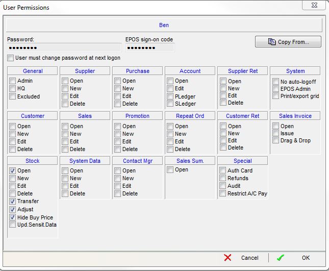 screenshot of typical settings that might be used for a Basic Warehouse User