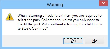 Warning on pack selection for returns