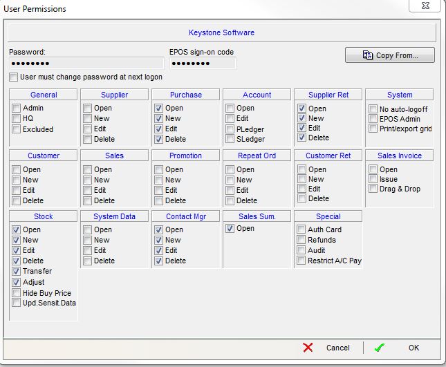 screenshot of typical settings that might be used for a Purchasing User