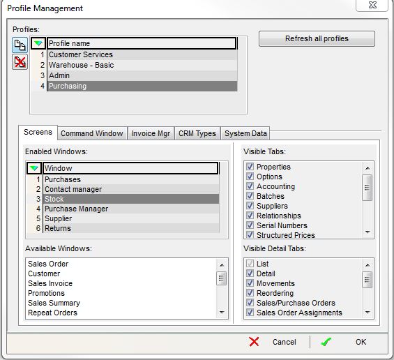 screenshots of typical settings that might be used for a Purchasing User