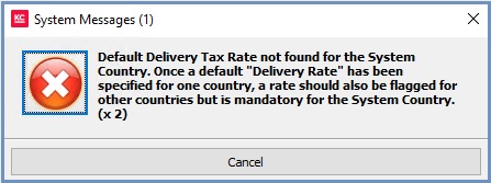 The error occurs because once Delivery Tax has been ticked on an individual country's Tax Rate, it must also be ticked for all other countries
