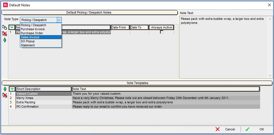 the "Default Notes" dialog allows an administrator to create a range of notes for use on printed reports and elsewhere in Khaos Control