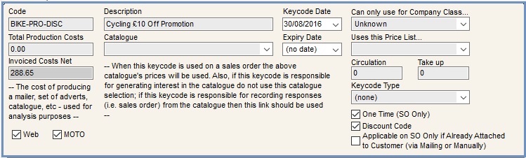 Promotion Keycode Tab information and options panel