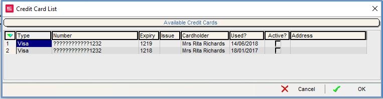 The Credit Card List dialog is shown when the "Select" button is pressed.