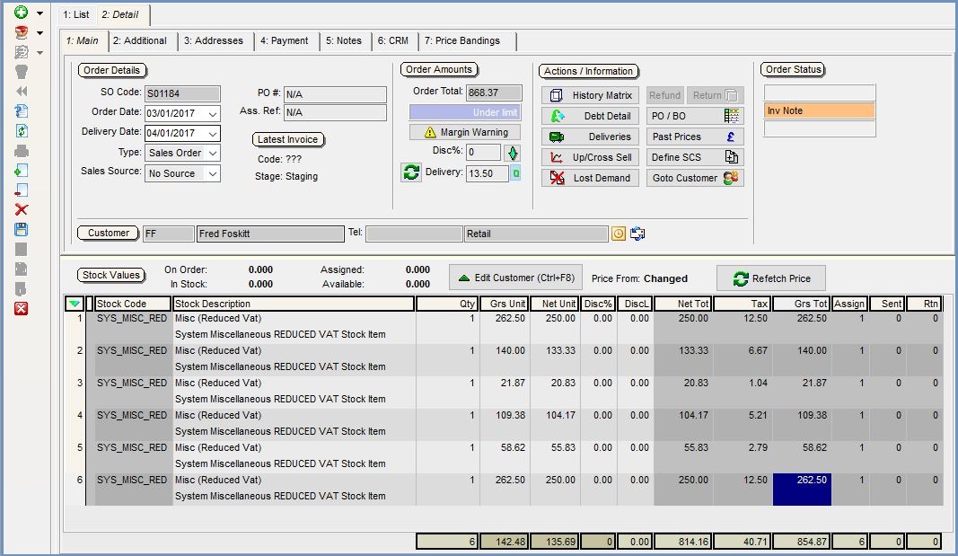 Screenshot showing how an Exchange Order might look when created for a different VAT rate.