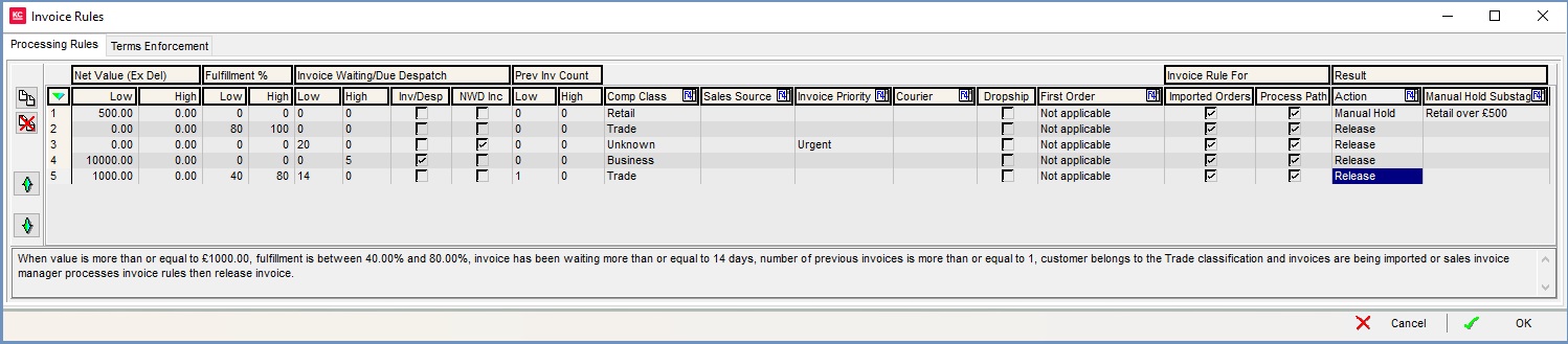 The Invoice Rules dialog showing some examples of rules that could be created.