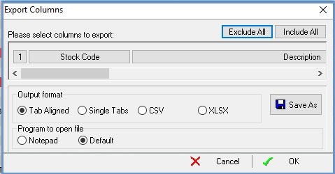 The 'Export Columns' dialog box.Note: The dialog box shows the names of the columns from the current grid, which may not match those shown in this screenshot.