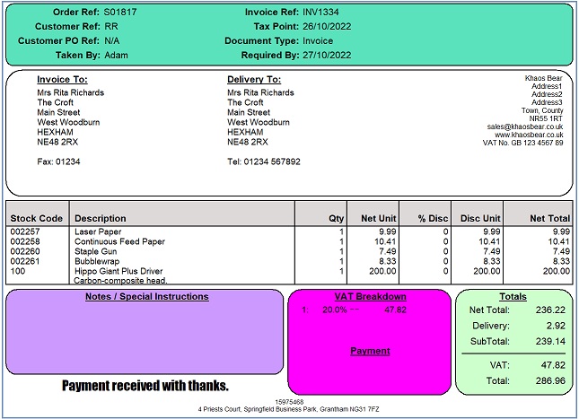 Basic Report Coloured Invoice design example