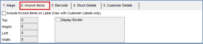 The "invoice items" tab, which is only active when the "customer" label type radio button is pressed, determines how invoice items should be shown on the label