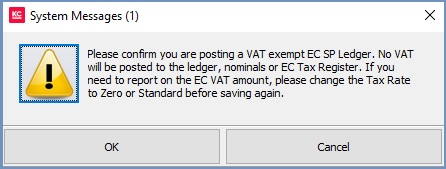 The dialog when entering an SP Ledger entry where the VAT rate is exempt.