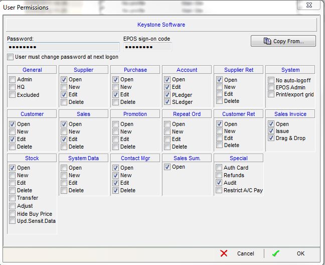 screenshot of typical settings that might be used for a Accounting User
