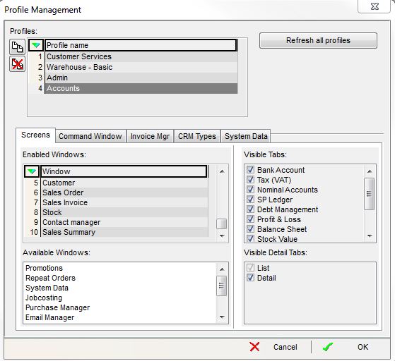 screenshots of typical settings that might be used for a Accounting User