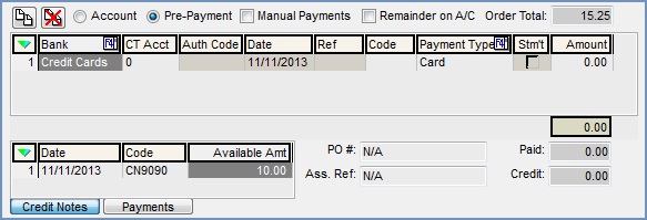Partial screenshot of the Sales Order screen's Payment tab, showing the payment grid.