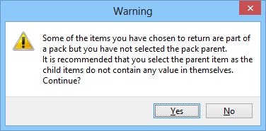 Warning message re returning child pack items