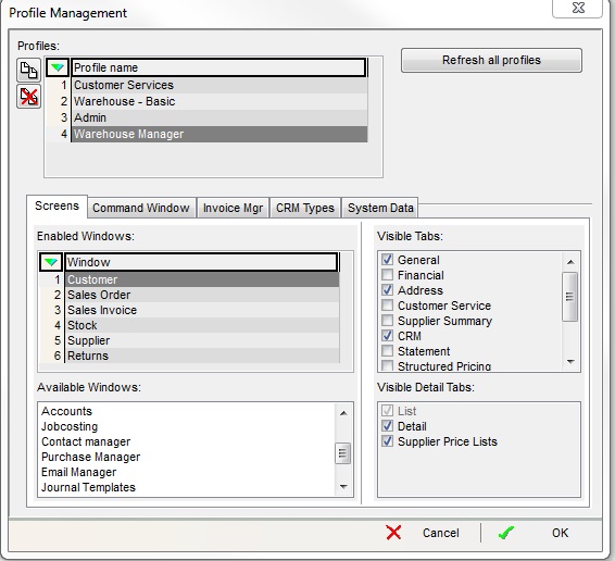 screenshot of typical settings that might be used for a Warehouse Manager User