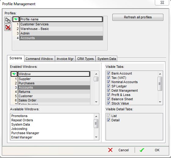 screenshots of typical settings that might be used for a Accounting User