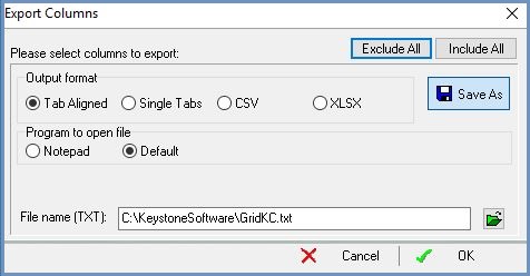 The grid 'Export Columns' dialog box. Pressing the disk icon allows you to set the folder and filename that the grid will be exported to.