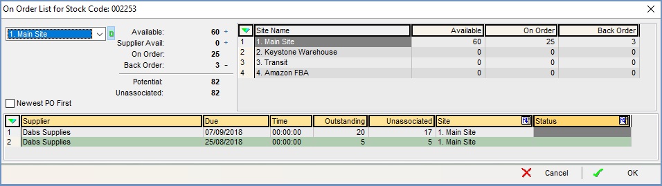 The "On Order" dialog, accessed from the "Deliveries" button on the Stock screen's Details tab. The green highlight indicates that the order is the first order to have enough stock to fulfil any back orders waiting for that stock item on the selected site.
